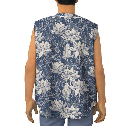 White And Blue Lotus Flower Print Sleeveless Baseball Jersey