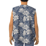 White And Blue Lotus Flower Print Sleeveless Baseball Jersey