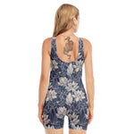 White And Blue Lotus Flower Print Sleeveless One Piece Swimsuit