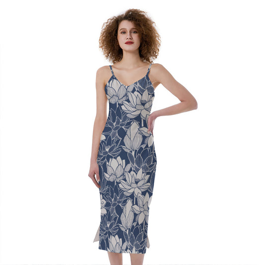 White And Blue Lotus Flower Print Slim Fit Midi Cami Dress