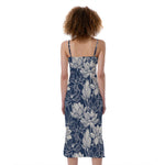 White And Blue Lotus Flower Print Slim Fit Midi Cami Dress