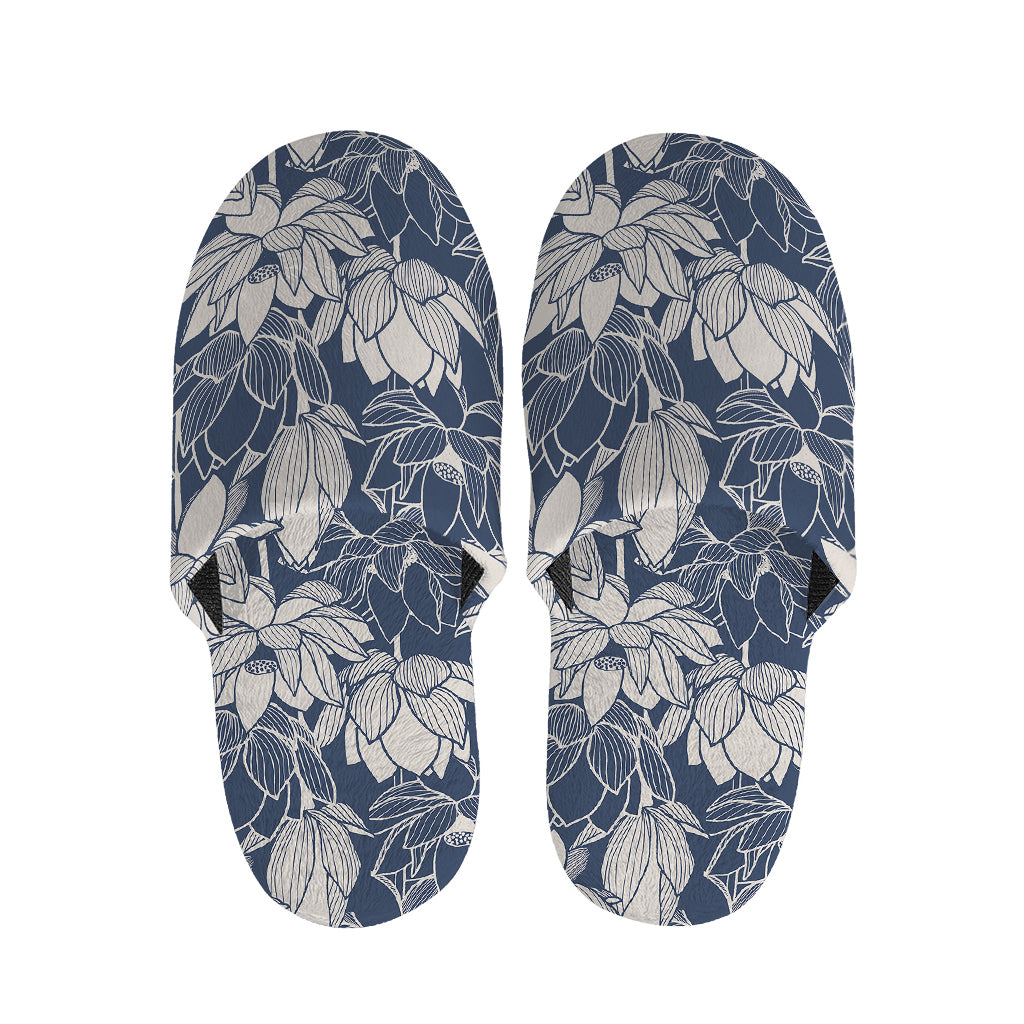 White And Blue Lotus Flower Print Slippers