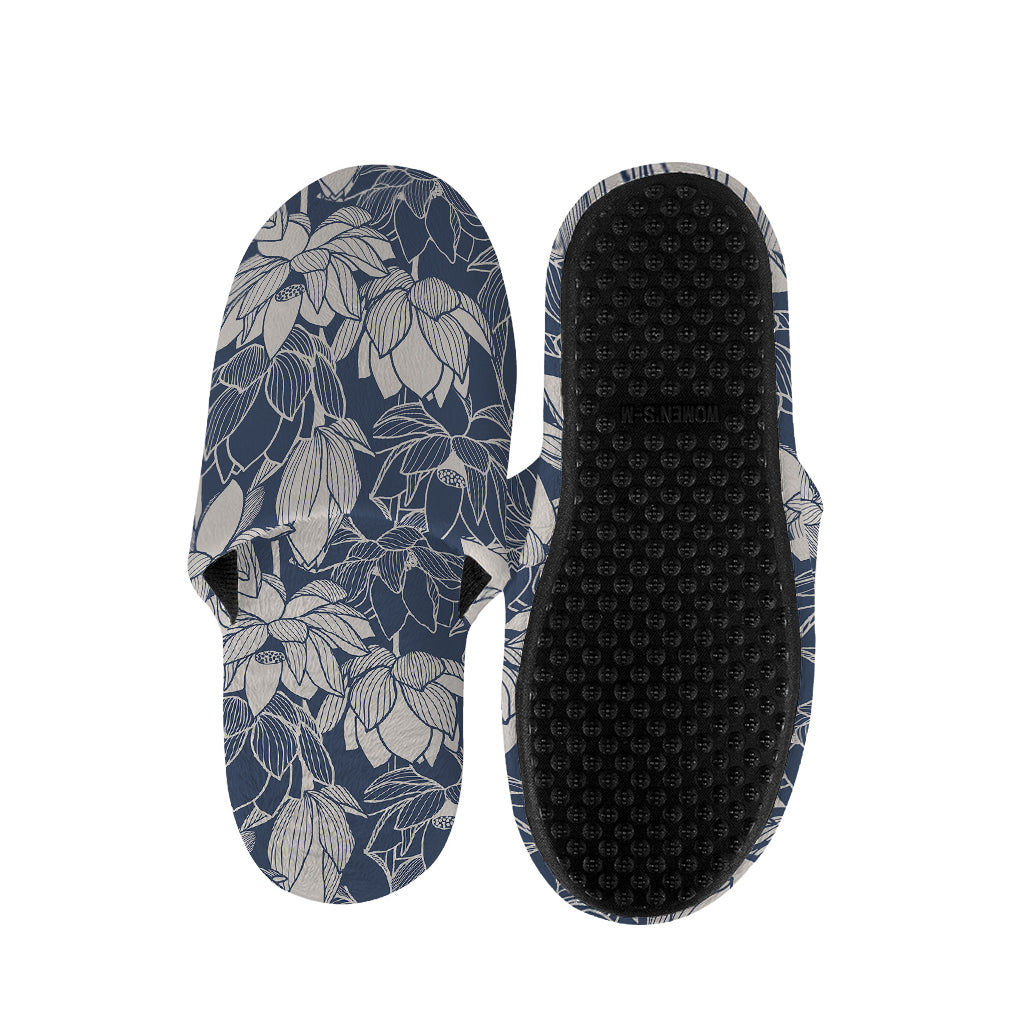White And Blue Lotus Flower Print Slippers