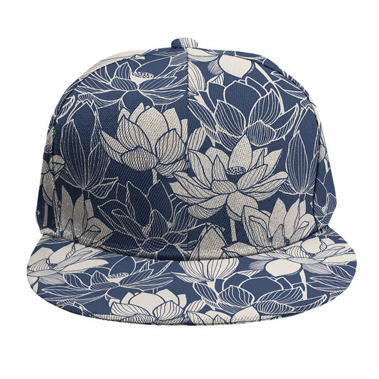 White And Blue Lotus Flower Print Snapback Cap