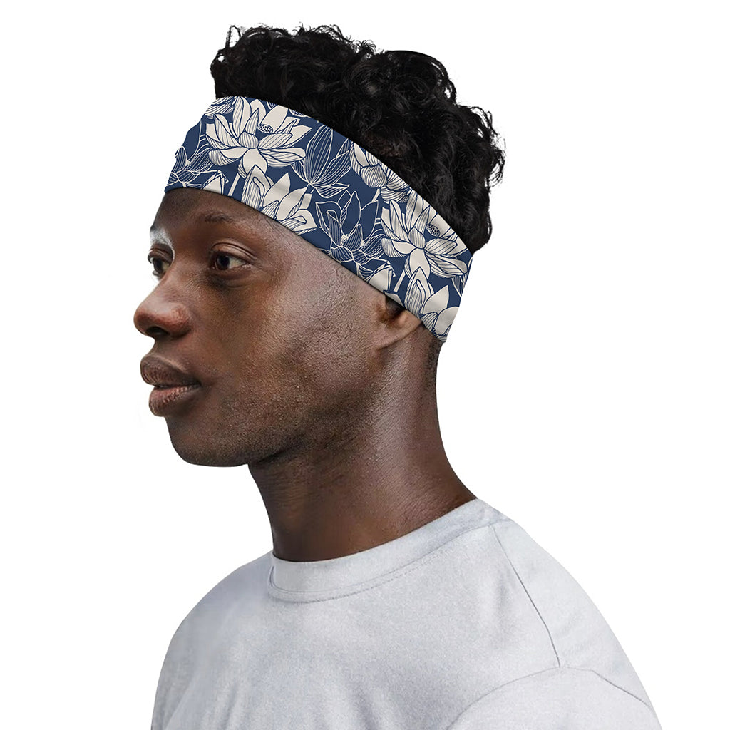 White And Blue Lotus Flower Print Sports Headband