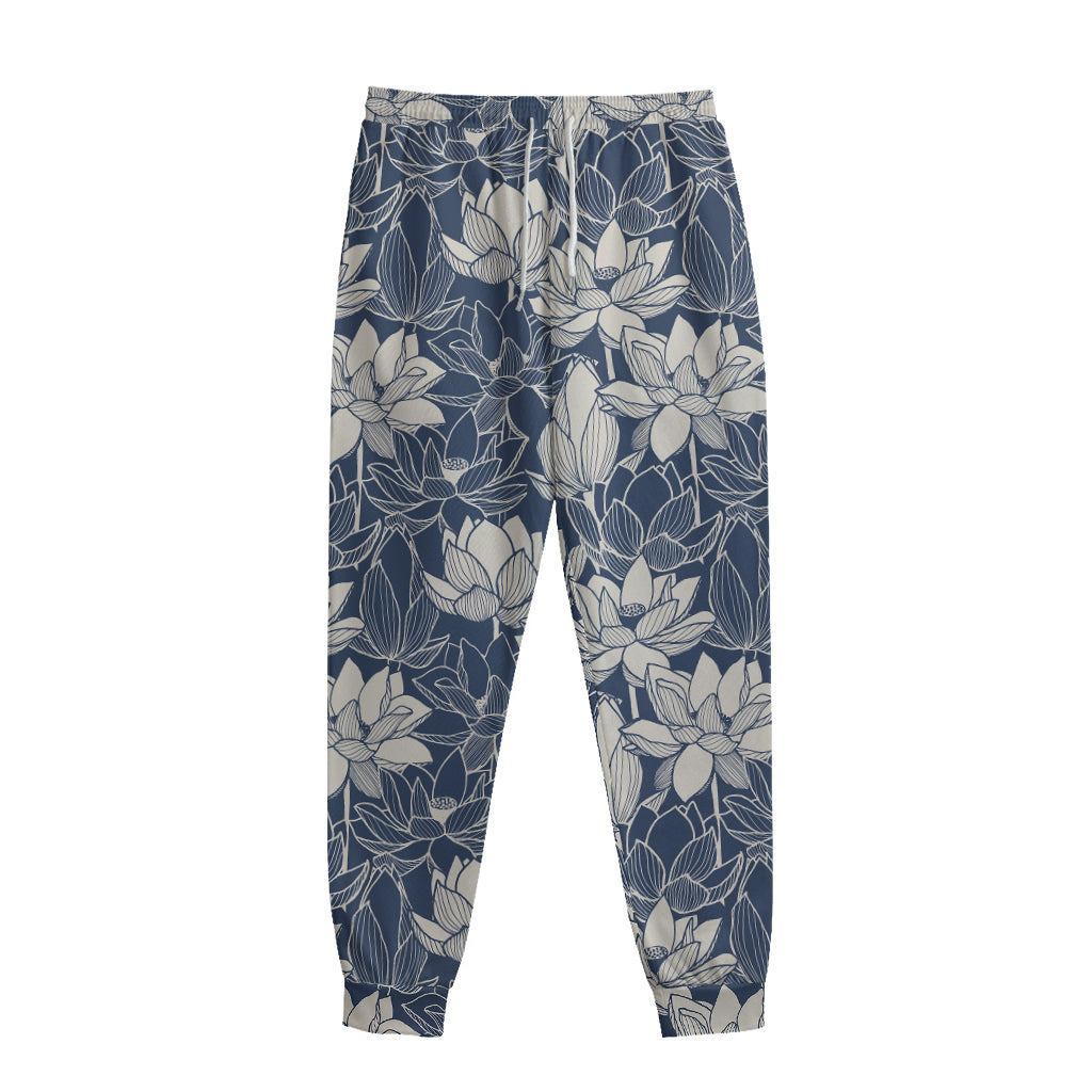 White And Blue Lotus Flower Print Sweatpants