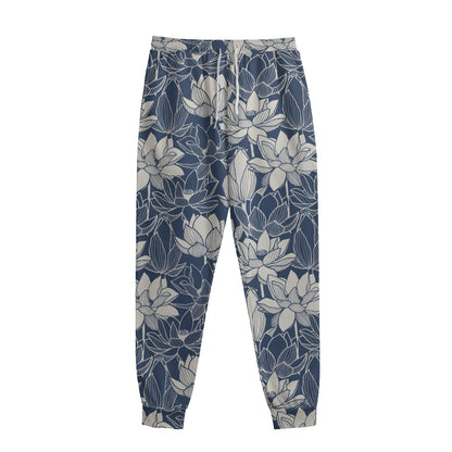 White And Blue Lotus Flower Print Sweatpants