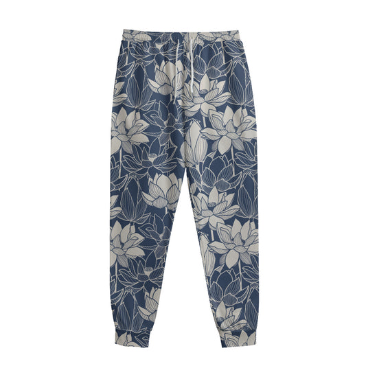 White And Blue Lotus Flower Print Sweatpants