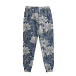 White And Blue Lotus Flower Print Sweatpants