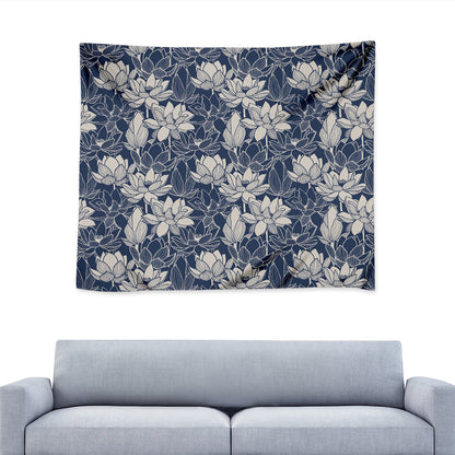 White And Blue Lotus Flower Print Tapestry