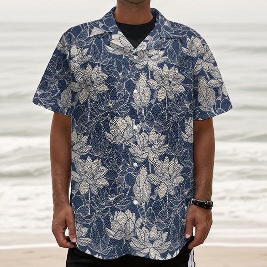 White And Blue Lotus Flower Print Textured Short Sleeve Shirt