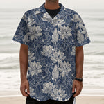 White And Blue Lotus Flower Print Textured Short Sleeve Shirt