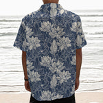 White And Blue Lotus Flower Print Textured Short Sleeve Shirt