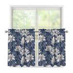 White And Blue Lotus Flower Print Tier Curtains