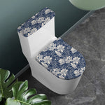 White And Blue Lotus Flower Print Toilet Lid And Tank Cover Set
