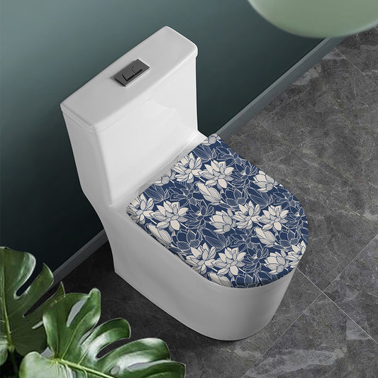 White And Blue Lotus Flower Print Toilet Lid Cover