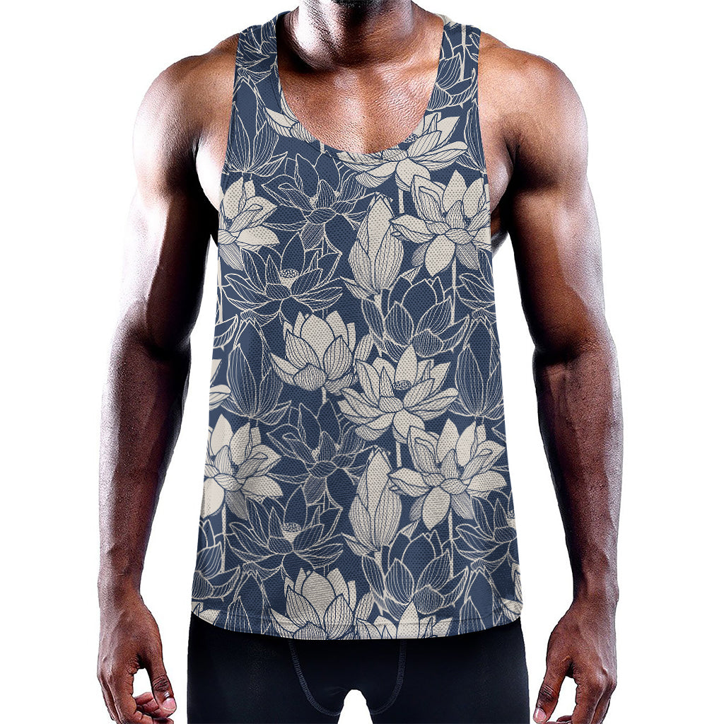 White And Blue Lotus Flower Print Training Tank Top
