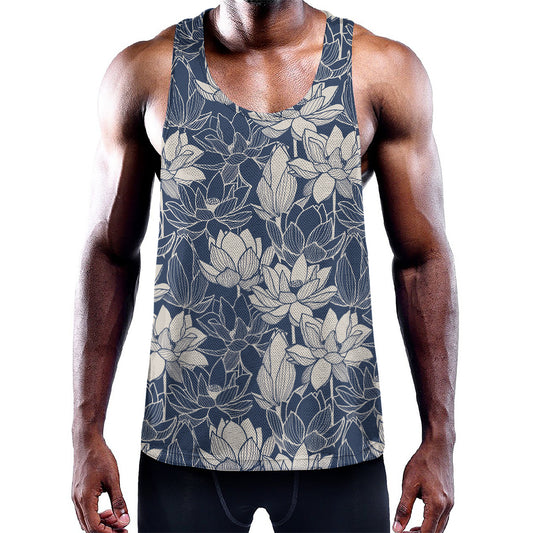 White And Blue Lotus Flower Print Training Tank Top