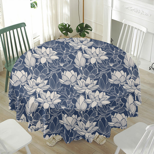 White And Blue Lotus Flower Print Waterproof Round Tablecloth