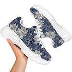 White And Blue Lotus Flower Print White Chunky Shoes