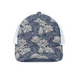 White And Blue Lotus Flower Print White Mesh Trucker Cap