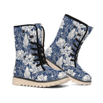 White And Blue Lotus Flower Print Winter Boots