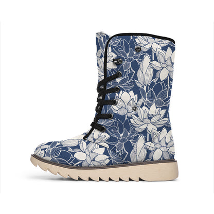 White And Blue Lotus Flower Print Winter Boots