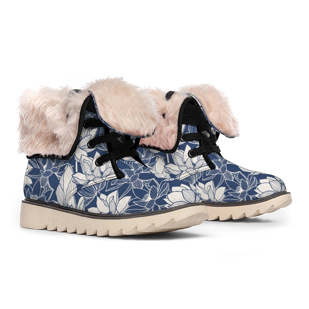 White And Blue Lotus Flower Print Winter Boots