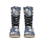 White And Blue Lotus Flower Print Winter Boots