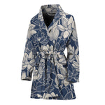 White And Blue Lotus Flower Print Women's Bathrobe