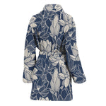 White And Blue Lotus Flower Print Women's Bathrobe
