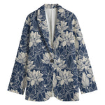 White And Blue Lotus Flower Print Women's Blazer