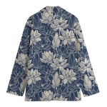 White And Blue Lotus Flower Print Women's Blazer