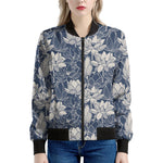 White And Blue Lotus Flower Print Women's Bomber Jacket