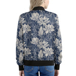 White And Blue Lotus Flower Print Women's Bomber Jacket