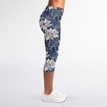 White And Blue Lotus Flower Print Women's Capri Leggings