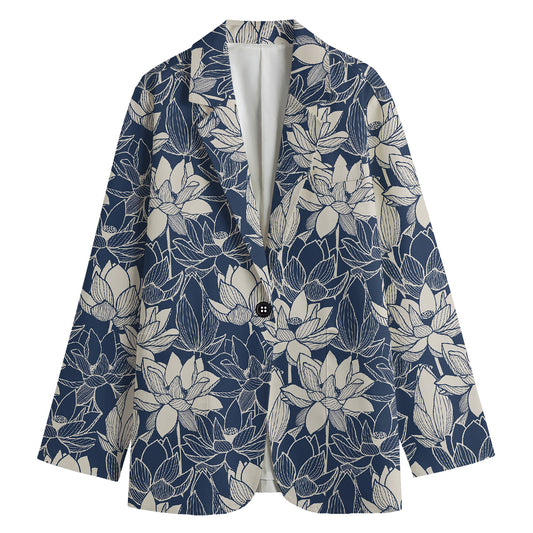 White And Blue Lotus Flower Print Women's Cotton Blazer