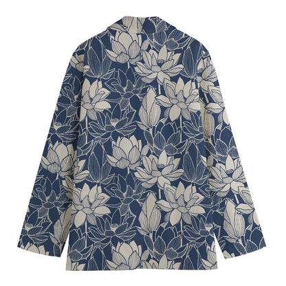 White And Blue Lotus Flower Print Women's Cotton Blazer