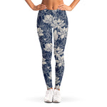 White And Blue Lotus Flower Print Women's Leggings
