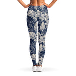 White And Blue Lotus Flower Print Women's Leggings