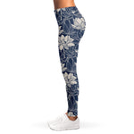 White And Blue Lotus Flower Print Women's Leggings