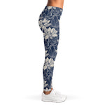 White And Blue Lotus Flower Print Women's Leggings