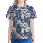 White And Blue Lotus Flower Print Women's Polo Shirt