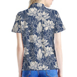 White And Blue Lotus Flower Print Women's Polo Shirt