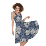 White And Blue Lotus Flower Print Women's Sleeveless Dress