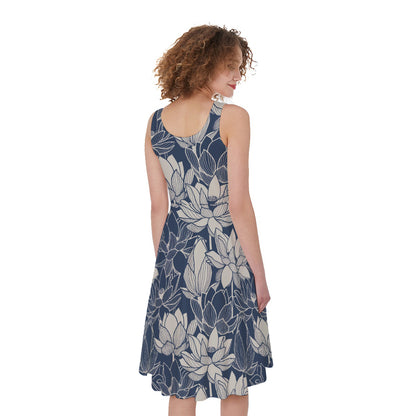 White And Blue Lotus Flower Print Women's Sleeveless Dress