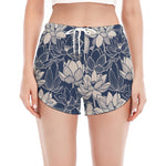 White And Blue Lotus Flower Print Women's Split Running Shorts