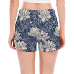 White And Blue Lotus Flower Print Women's Split Running Shorts
