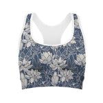 White And Blue Lotus Flower Print Women's Sports Bra