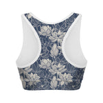 White And Blue Lotus Flower Print Women's Sports Bra